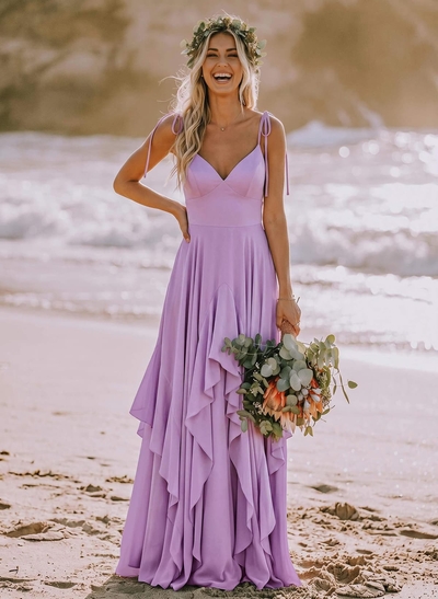 A-Line V-Neck Sleeveless Maxi Stretch Satin Bridesmaid Dress With Ruffles