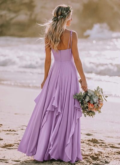 A-Line V-Neck Sleeveless Maxi Stretch Satin Bridesmaid Dress With Ruffles