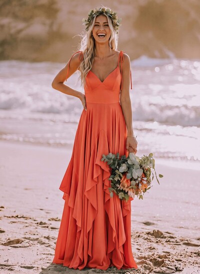 A-Line V-Neck Sleeveless Floor-Length Stretch Satin Bridesmaid Dresses With Ruffle