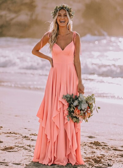 A-Line V-Neck Sleeveless Floor-Length Stretch Satin Bridesmaid Dresses With Ruffle