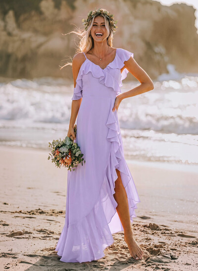 A-Line V-Neck Sleeveless Floor-Length Chiffon Wedding Dresses With Ruffle/Shoulder Ruffle
