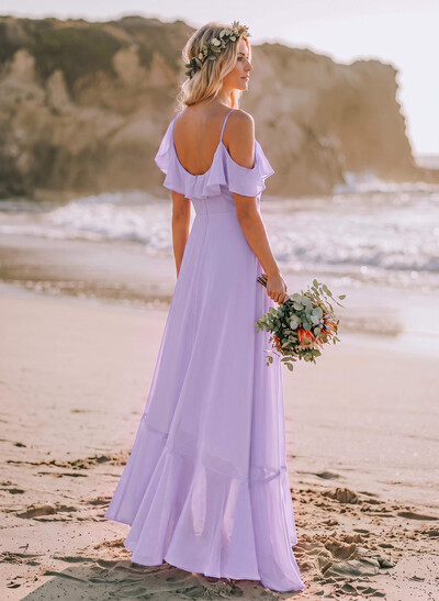 A-Line V-Neck Sleeveless Floor-Length Chiffon Wedding Dresses With Ruffle/Shoulder Ruffle