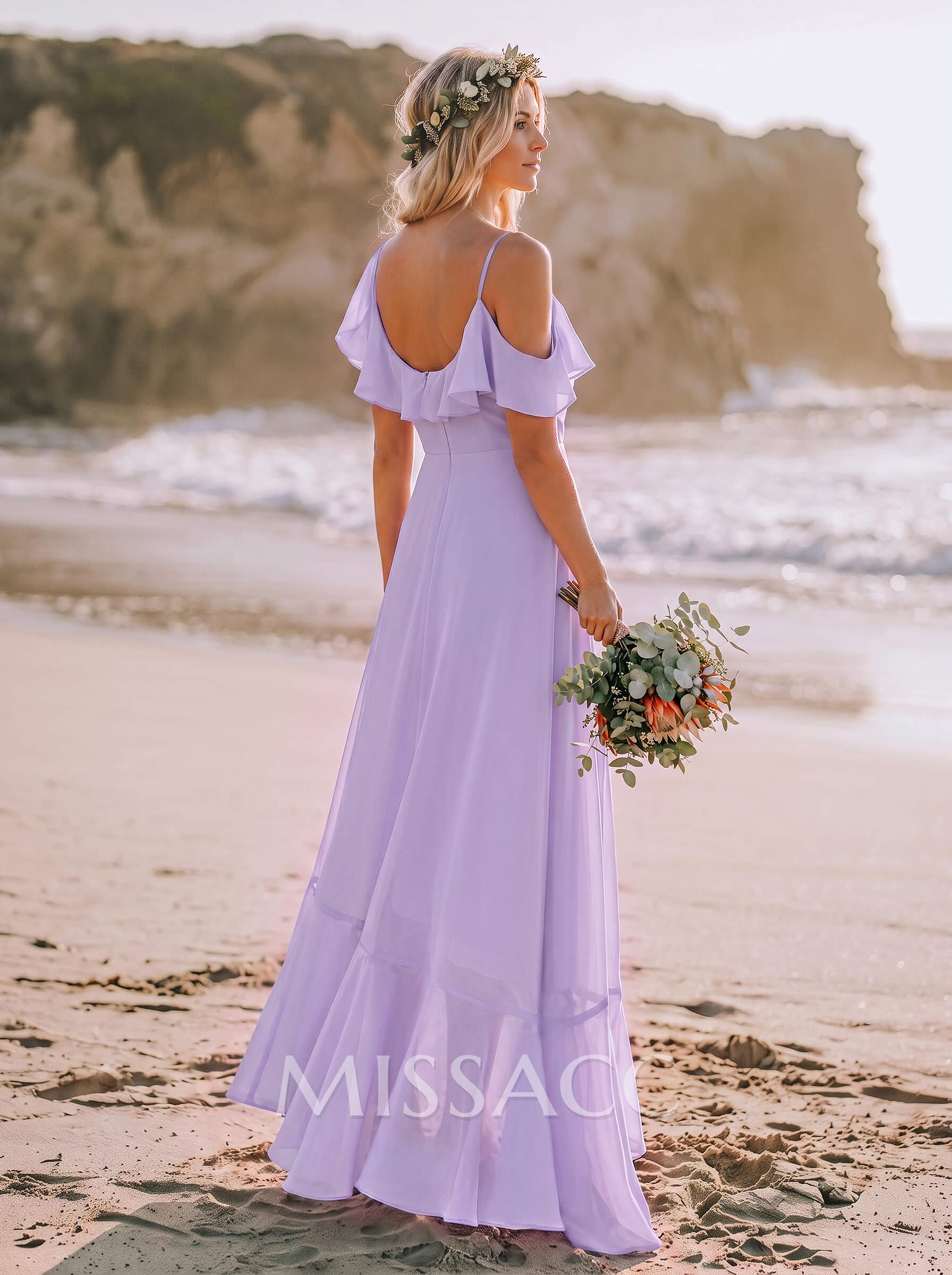 A-Line V-Neck Sleeveless Floor-Length Chiffon Wedding Dresses With Ruffle/Shoulder Ruffle