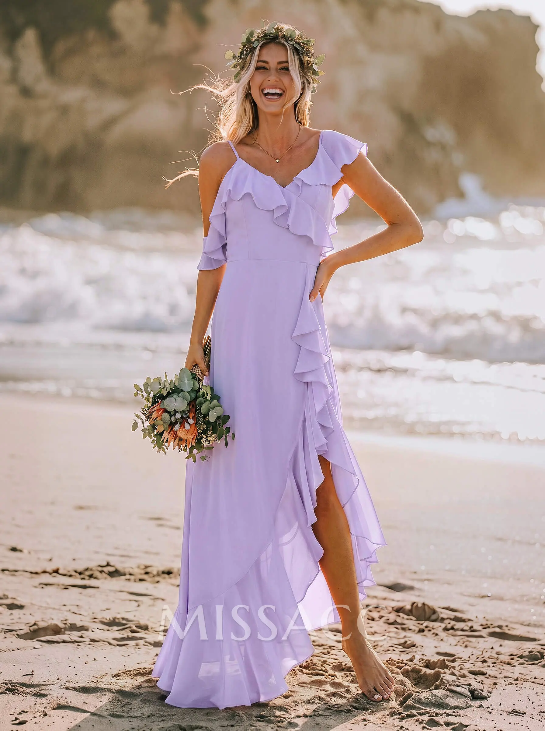A-Line V-Neck Sleeveless Floor-Length Chiffon Wedding Dresses With Ruffle/Shoulder Ruffle