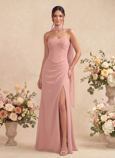 Sheath/Column Strapless Sleeveless Floor-Length Chiffon Bridesmaid Dresses With High Split