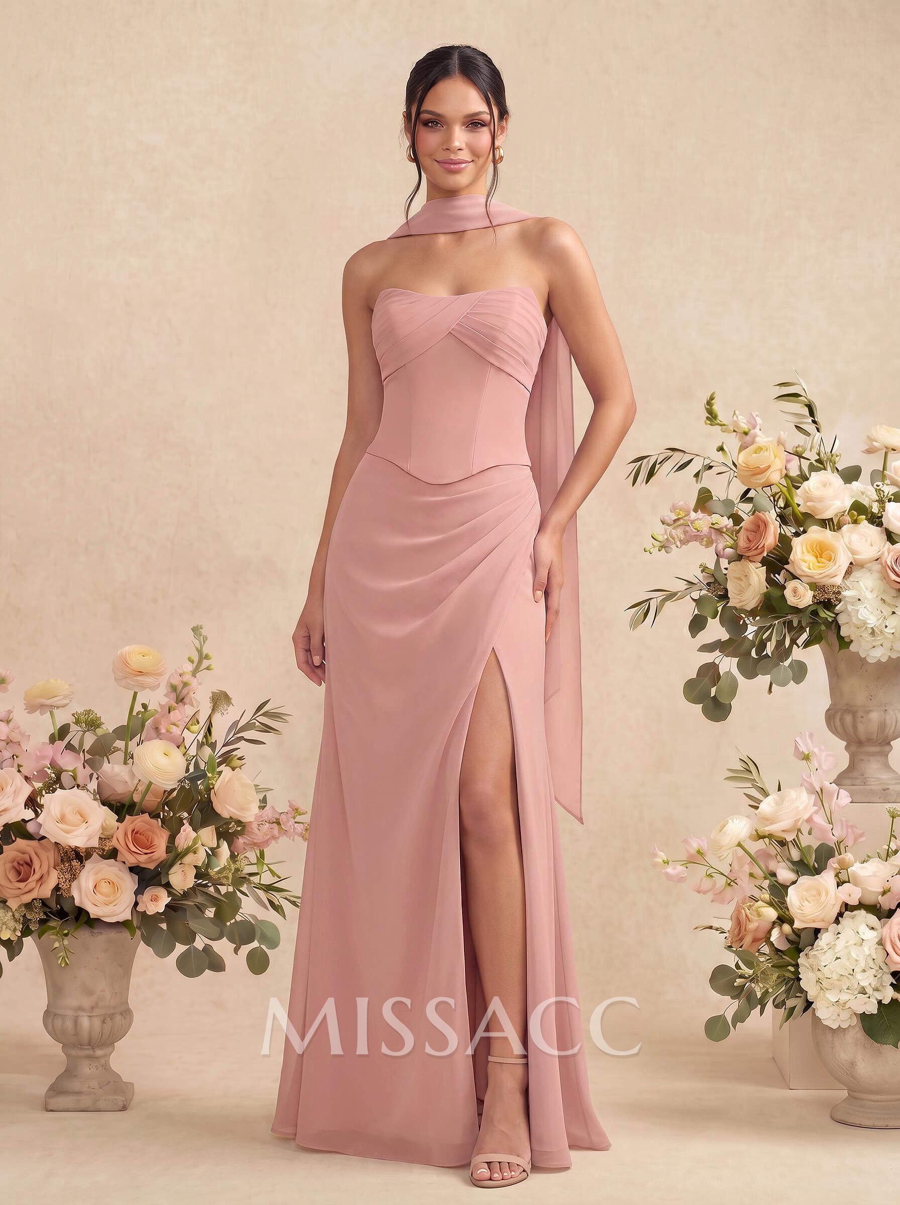 Sheath/Column Strapless Sleeveless Floor-Length Chiffon Bridesmaid Dresses With High Split
