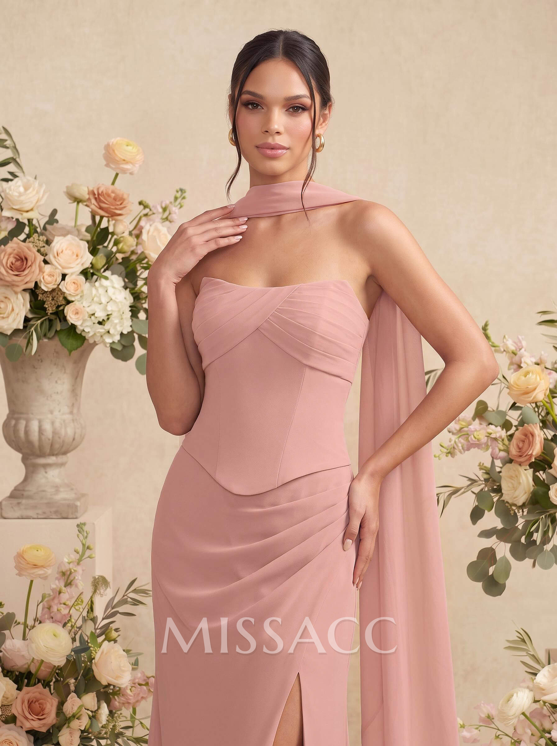 Sheath/Column Strapless Sleeveless Floor-Length Chiffon Bridesmaid Dresses With High Split