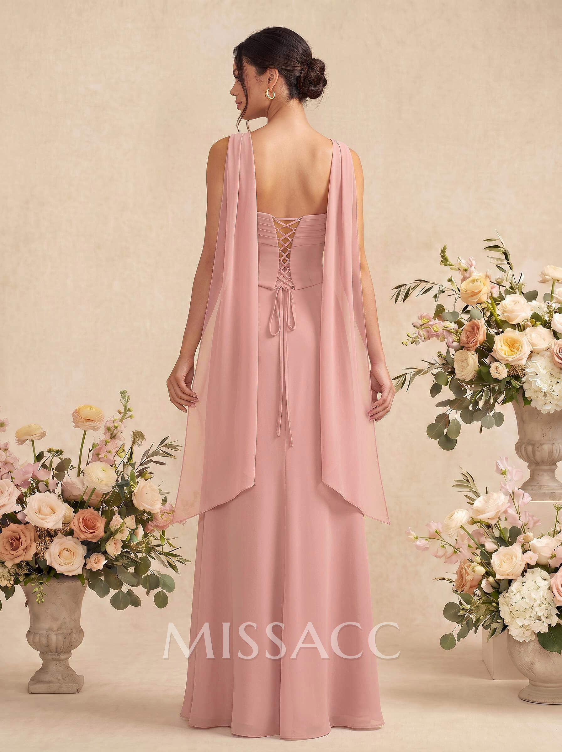 Sheath/Column Strapless Sleeveless Floor-Length Chiffon Bridesmaid Dresses With High Split