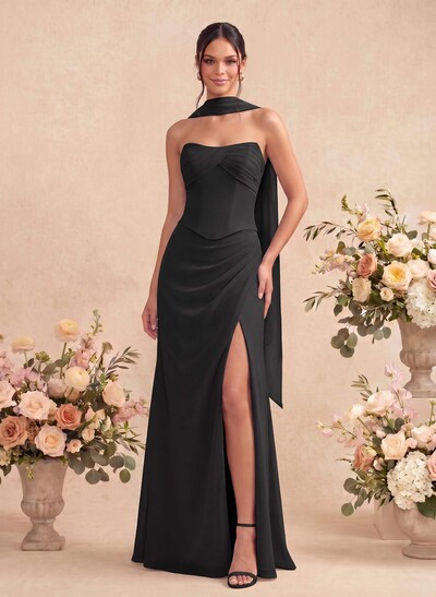 Sheath/Column Strapless Sleeveless Floor-Length Chiffon Bridesmaid Dresses With High Split