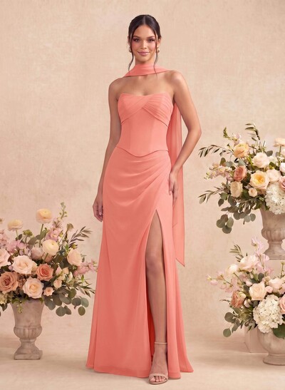 Sheath/Column Strapless Sleeveless Floor-Length Chiffon Bridesmaid Dresses With High Split
