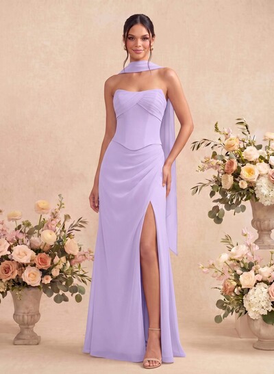 Sheath/Column Strapless Sleeveless Floor-Length Chiffon Bridesmaid Dresses With High Split