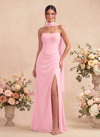 Sheath/Column Strapless Sleeveless Floor-Length Chiffon Bridesmaid Dresses With High Split