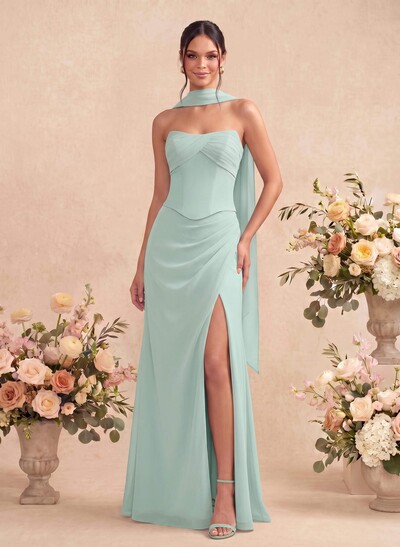Sheath/Column Strapless Sleeveless Floor-Length Chiffon Bridesmaid Dresses With High Split