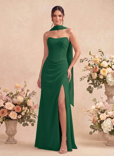 Sheath/Column Strapless Sleeveless Floor-Length Chiffon Bridesmaid Dresses With High Split