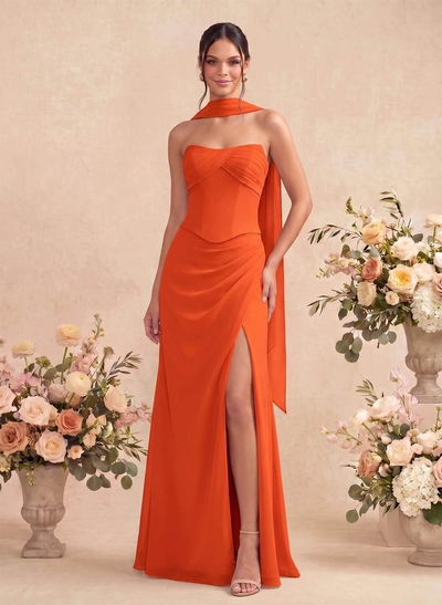Sheath/Column Strapless Sleeveless Floor-Length Chiffon Bridesmaid Dresses With High Split