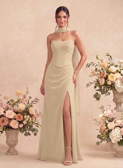 Sheath/Column Strapless Sleeveless Floor-Length Chiffon Bridesmaid Dresses With High Split