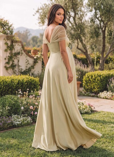 A-Line Sweetheart Cape Sleeves Floor-Length Satin Maternity Bridesmaid Dresses With Pleated