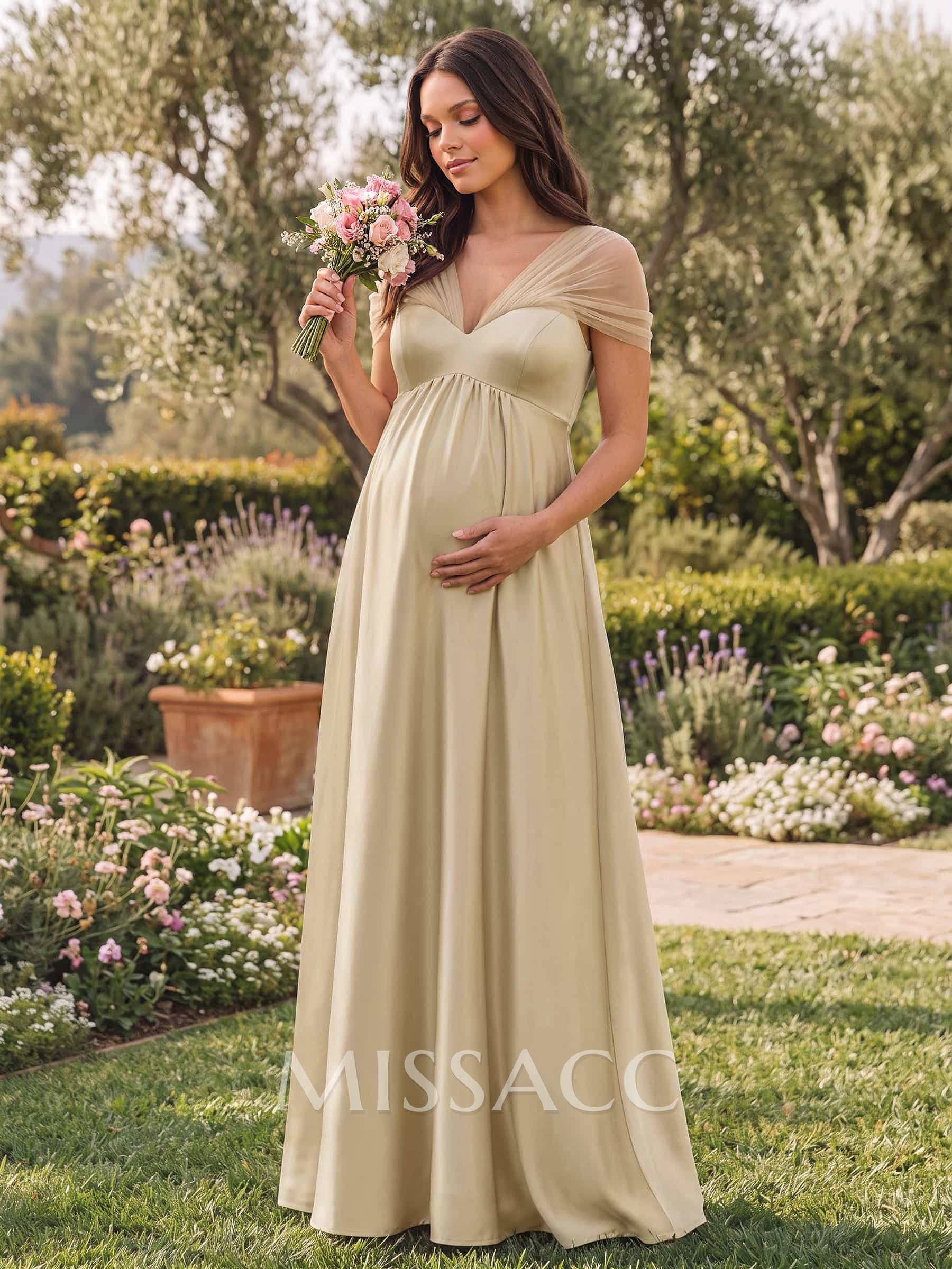 A-Line Sweetheart Cape Sleeves Floor-Length Satin Maternity Bridesmaid Dresses With Pleated