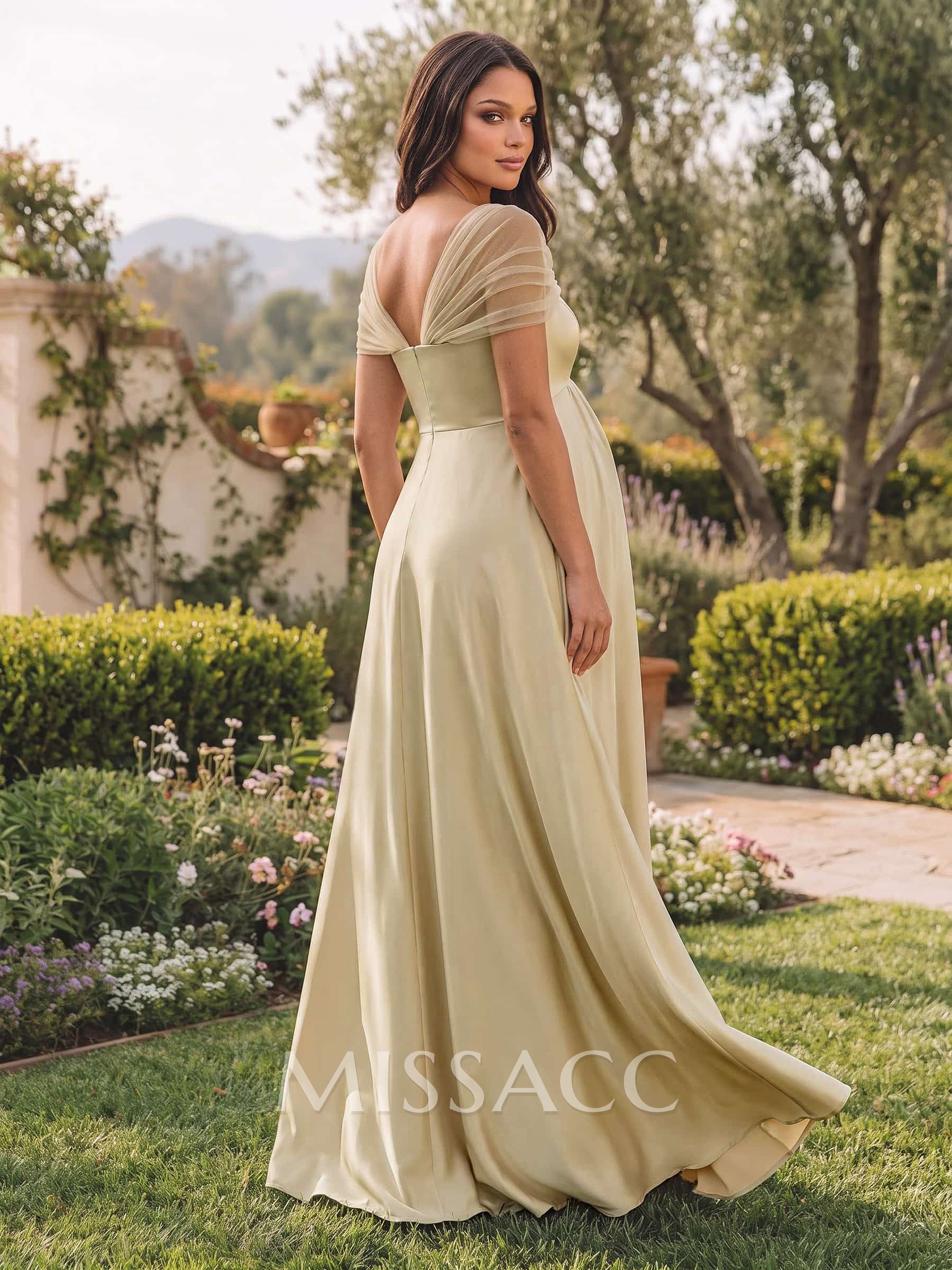 A-Line Sweetheart Cape Sleeves Floor-Length Satin Maternity Bridesmaid Dresses With Pleated
