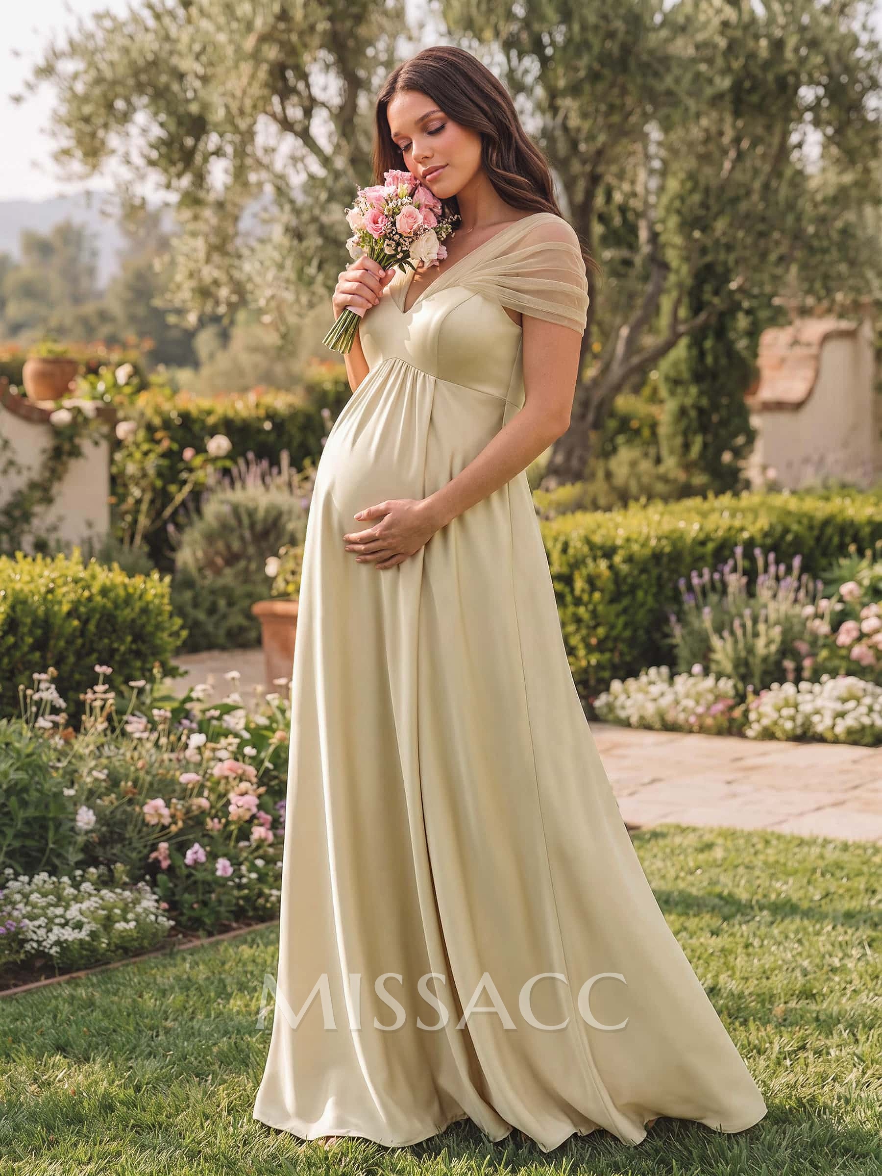 A-Line Sweetheart Cape Sleeves Floor-Length Satin Maternity Bridesmaid Dresses With Pleated