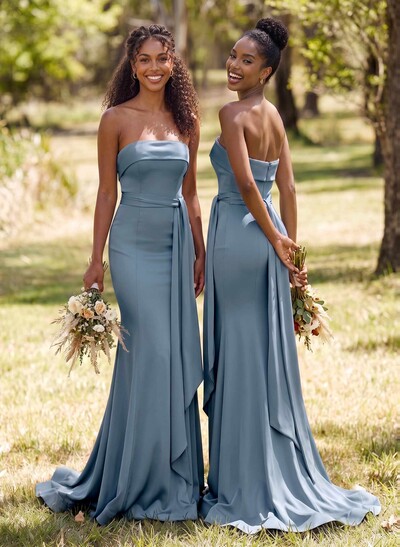 Sheath/Column Strapless Sleeveless Sweep Train Crepe Satin Bridesmaid Dresses With Sash