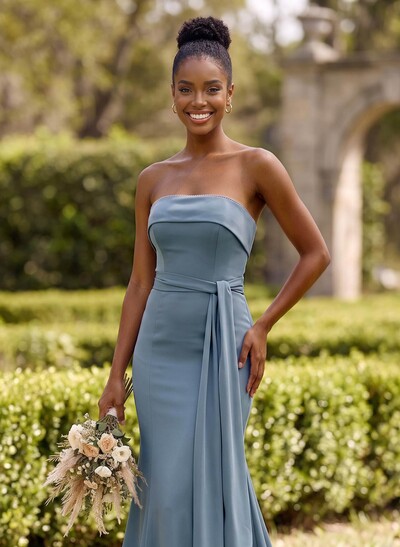 Sheath/Column Strapless Sleeveless Sweep Train Crepe Satin Bridesmaid Dresses With Sash