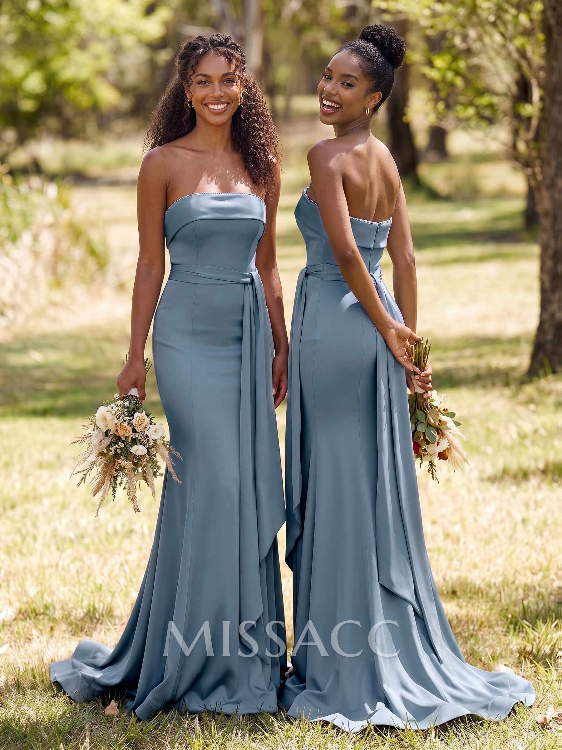 Sheath/Column Strapless Sleeveless Sweep Train Crepe Satin Bridesmaid Dresses With Sash