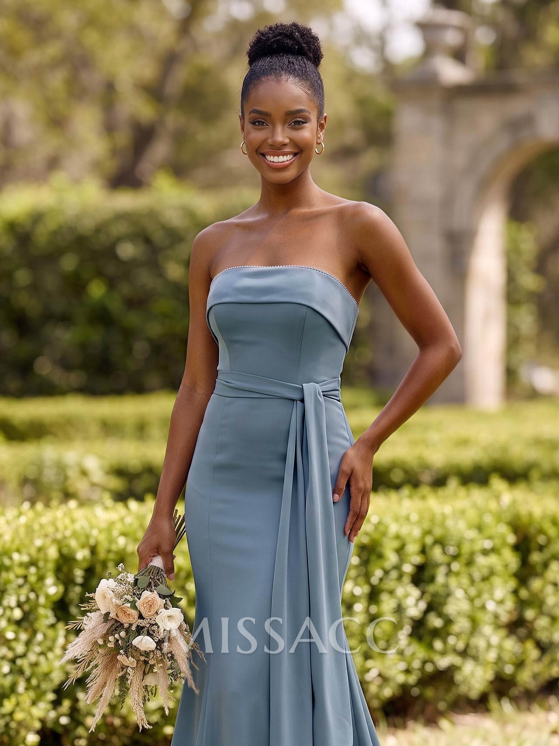 Sheath/Column Strapless Sleeveless Sweep Train Crepe Satin Bridesmaid Dresses With Sash
