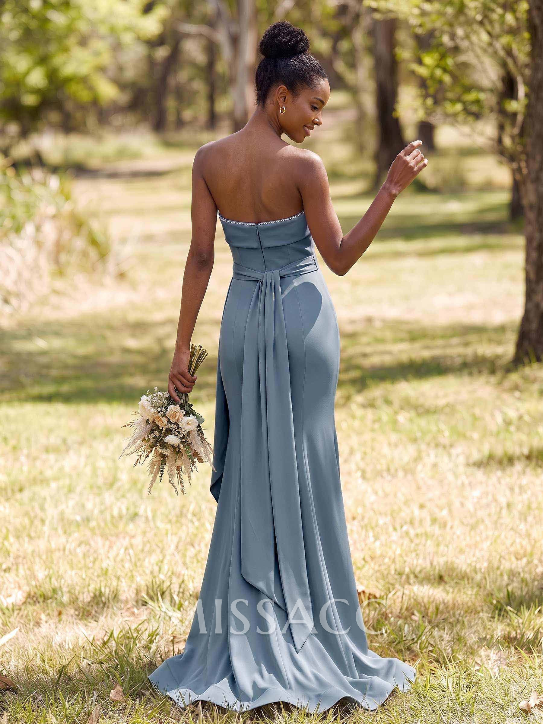 Sheath/Column Strapless Sleeveless Sweep Train Crepe Satin Bridesmaid Dresses With Sash