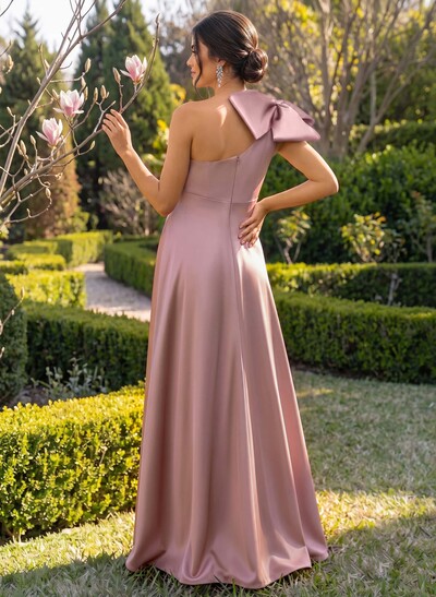 A-Line One-Shoulder Sleeveless Floor-Length Satin Maternity Bridesmaid Dresses With Bow
