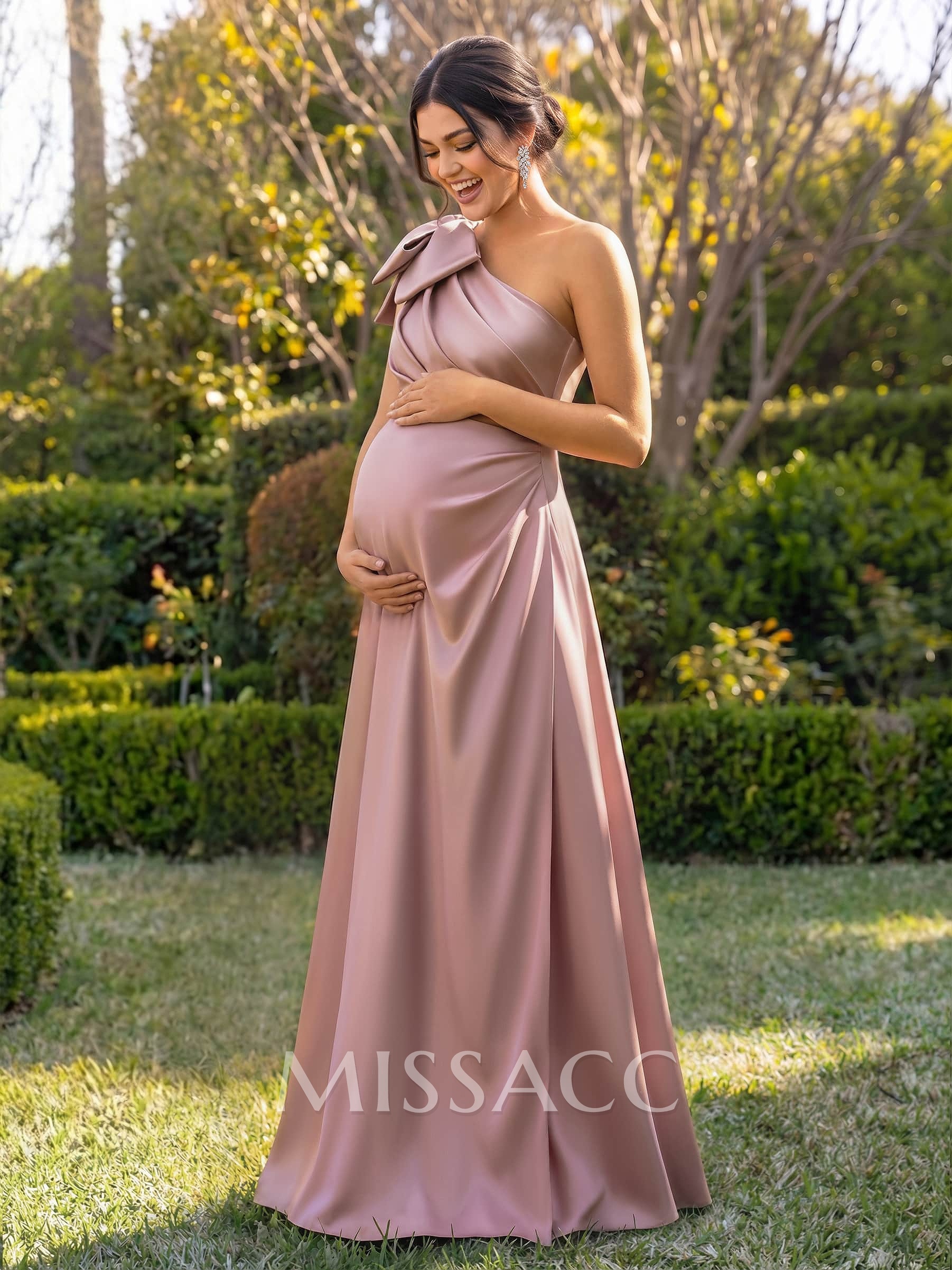 A-Line One-Shoulder Sleeveless Floor-Length Satin Maternity Bridesmaid Dresses With Bow