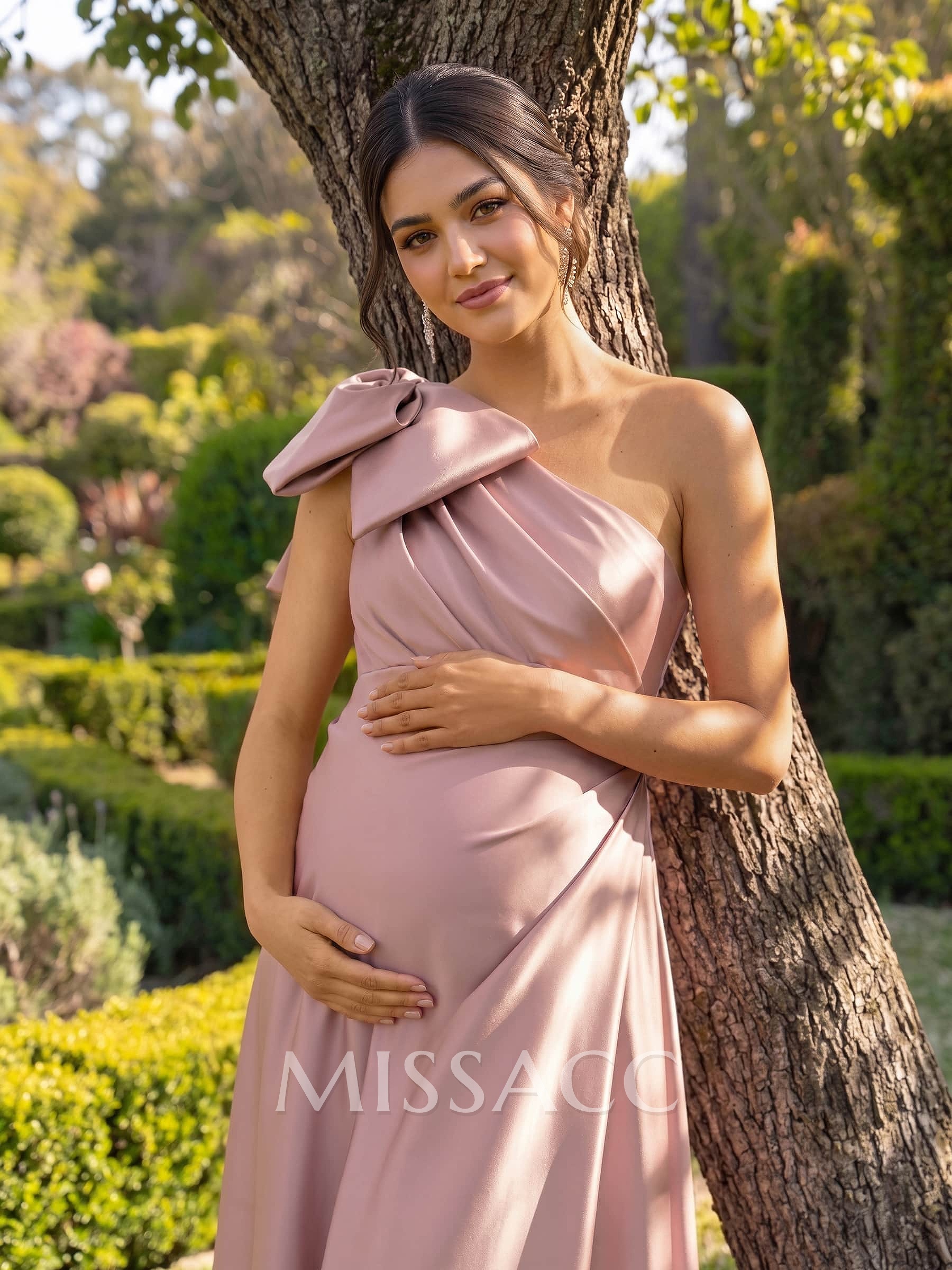 A-Line One-Shoulder Sleeveless Floor-Length Satin Maternity Bridesmaid Dresses With Bow
