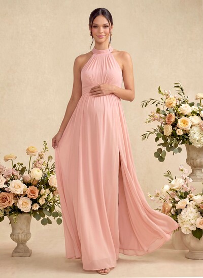 A-Line Halter Sleeveless Floor-Length Chiffon Maternity Bridesmaid Dresses With Split Front/Pleated