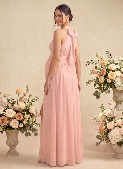 A-Line Halter Sleeveless Floor-Length Chiffon Maternity Bridesmaid Dresses With Split Front/Pleated
