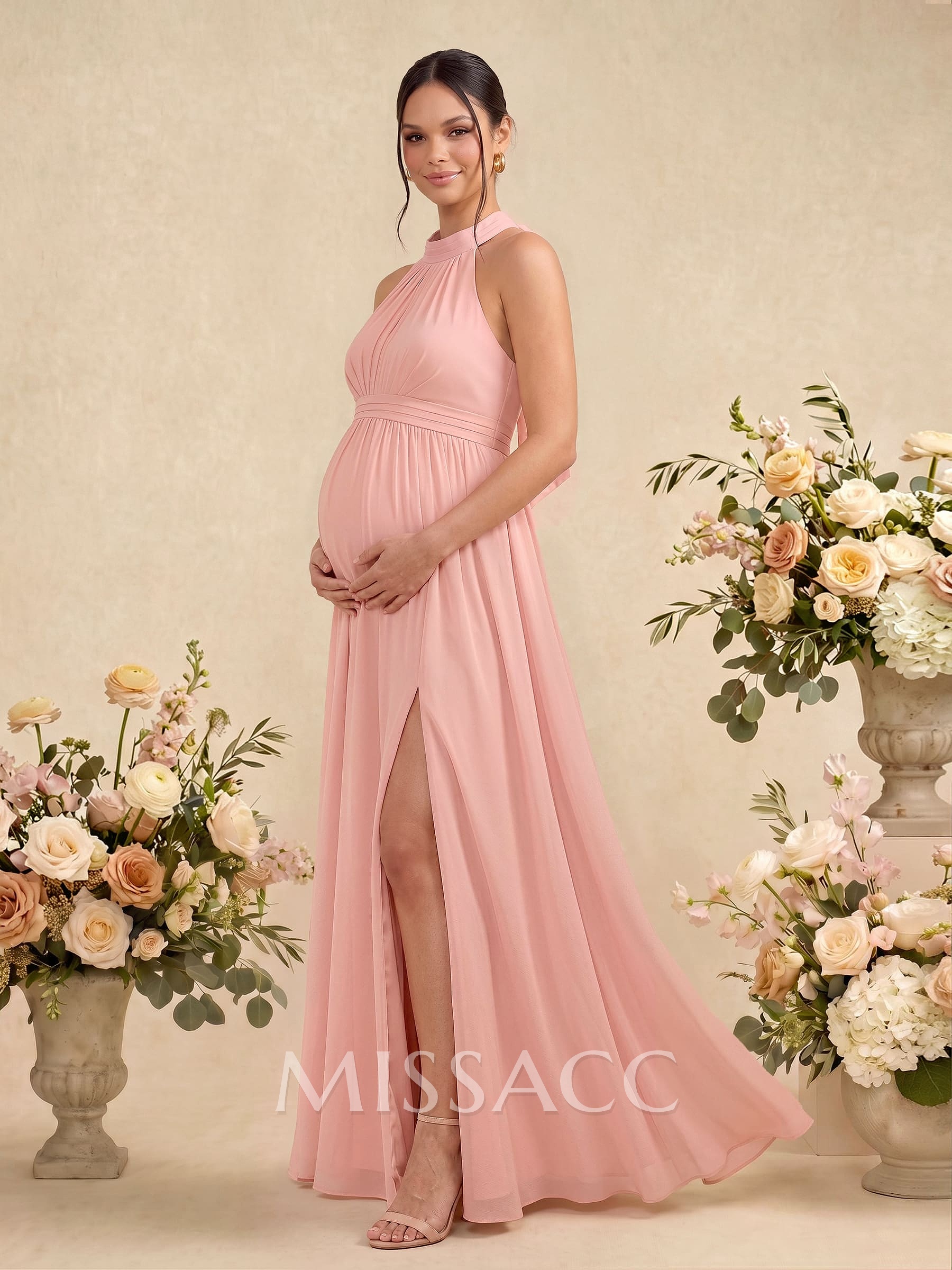 A-Line Halter Sleeveless Floor-Length Chiffon Maternity Bridesmaid Dresses With Split Front/Pleated
