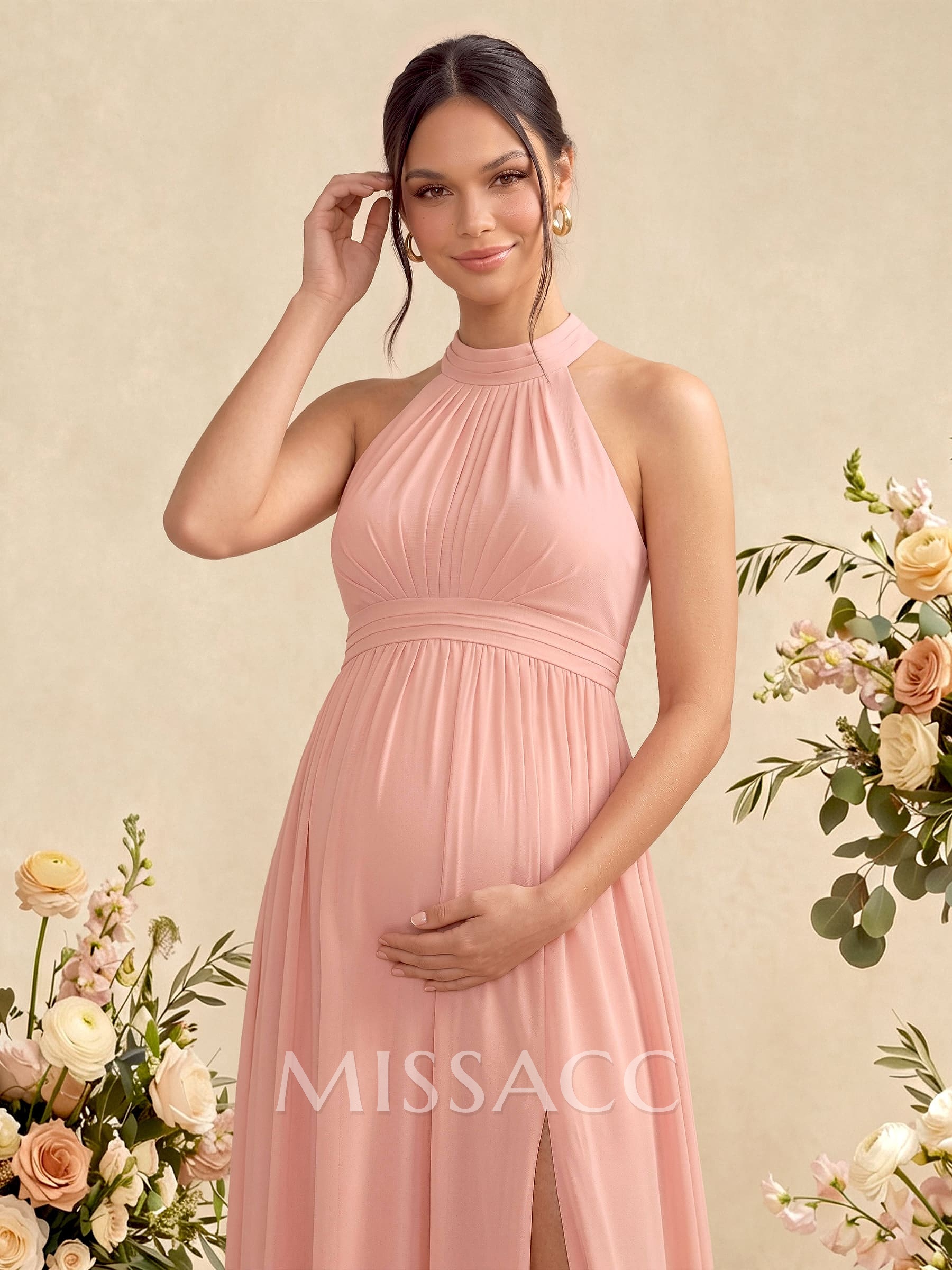 A-Line Halter Sleeveless Floor-Length Chiffon Maternity Bridesmaid Dresses With Split Front/Pleated