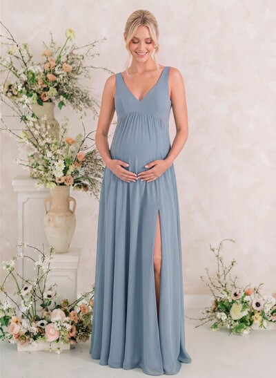 A-Line V-Neck Sleeveless Floor-Length Chiffon Maternity Bridesmaid Dresses With Split Front/Pleated