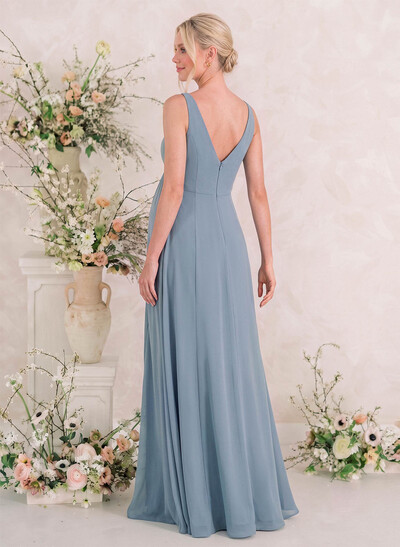 A-Line V-Neck Sleeveless Floor-Length Chiffon Maternity Bridesmaid Dresses With Split Front/Pleated