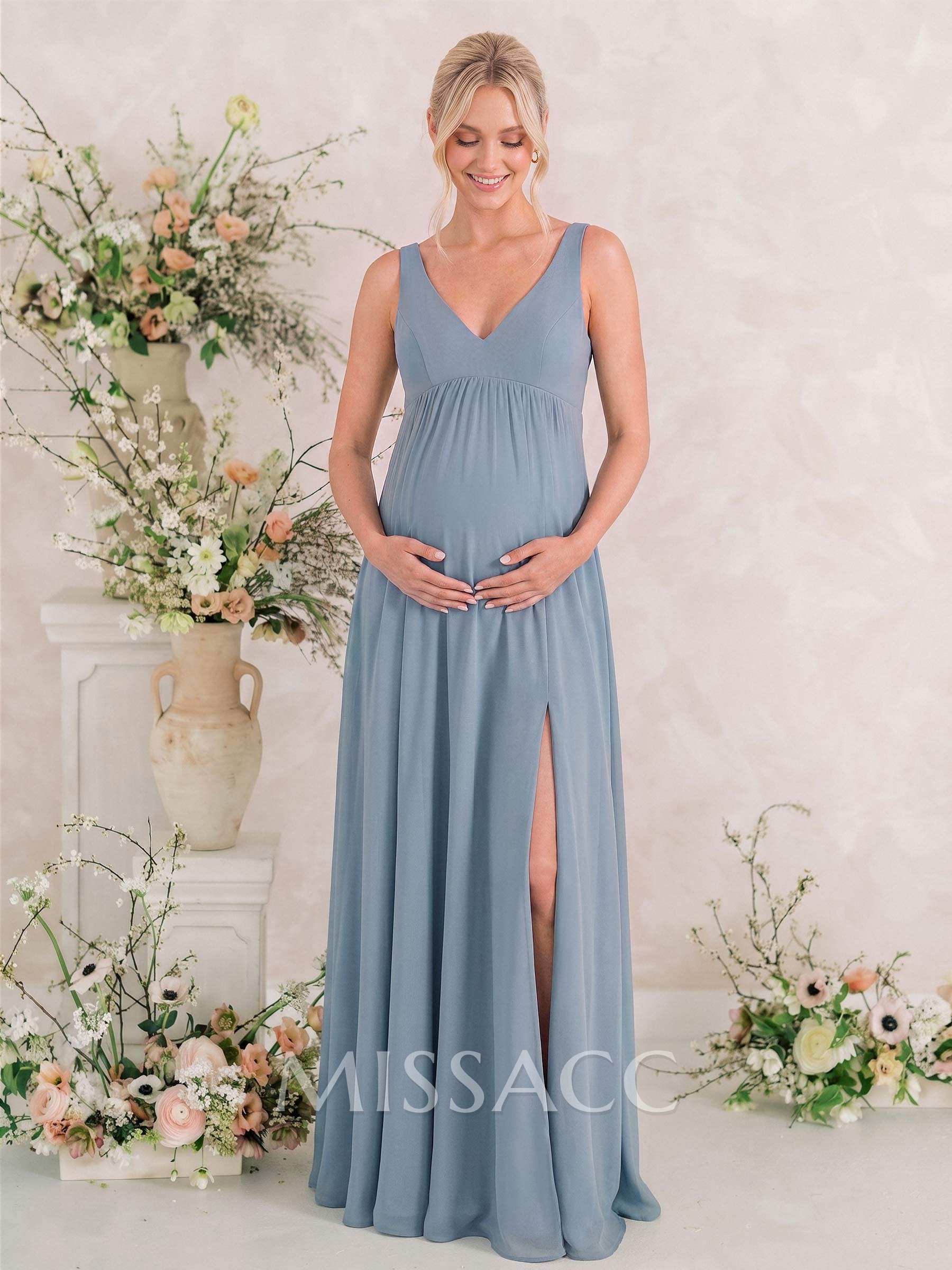 A-Line V-Neck Sleeveless Floor-Length Chiffon Maternity Bridesmaid Dresses With Split Front/Pleated