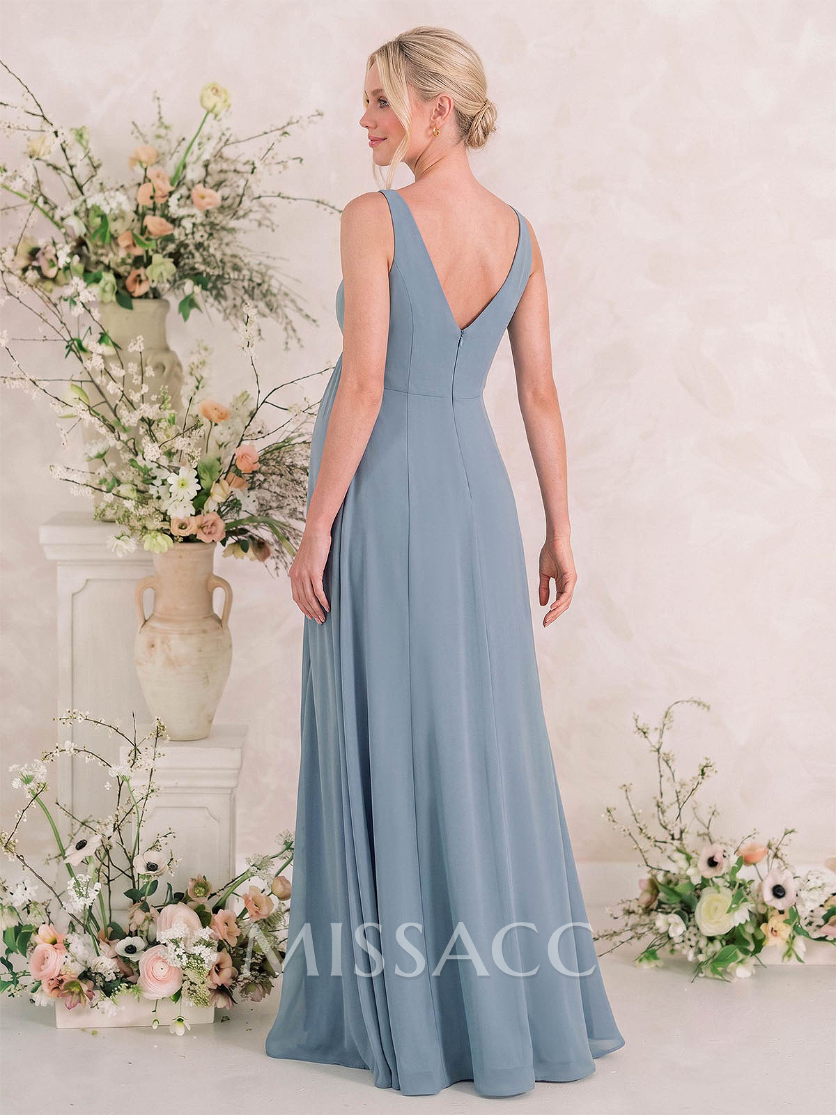 A-Line V-Neck Sleeveless Floor-Length Chiffon Maternity Bridesmaid Dresses With Split Front/Pleated