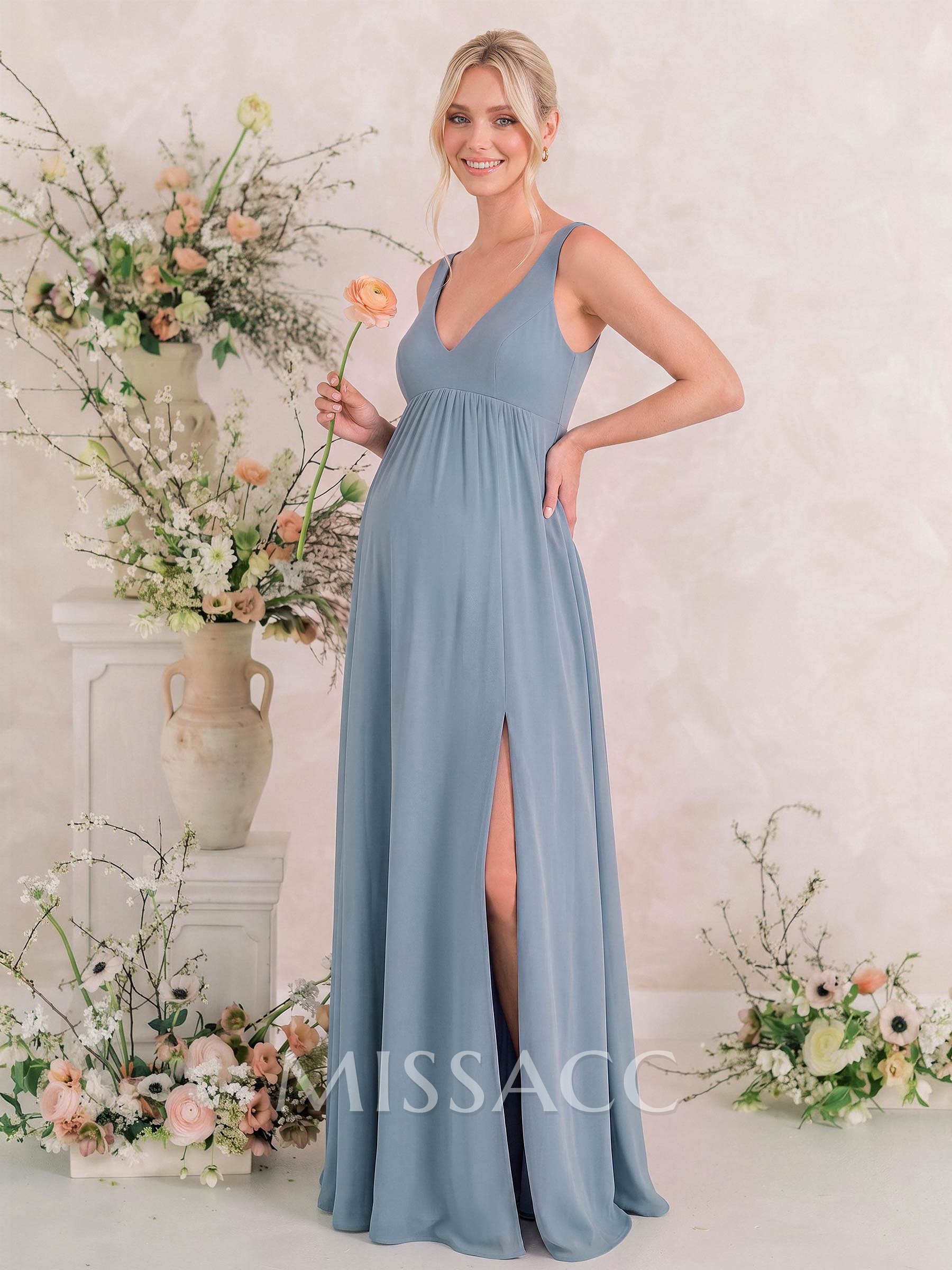 A-Line V-Neck Sleeveless Floor-Length Chiffon Maternity Bridesmaid Dresses With Split Front/Pleated