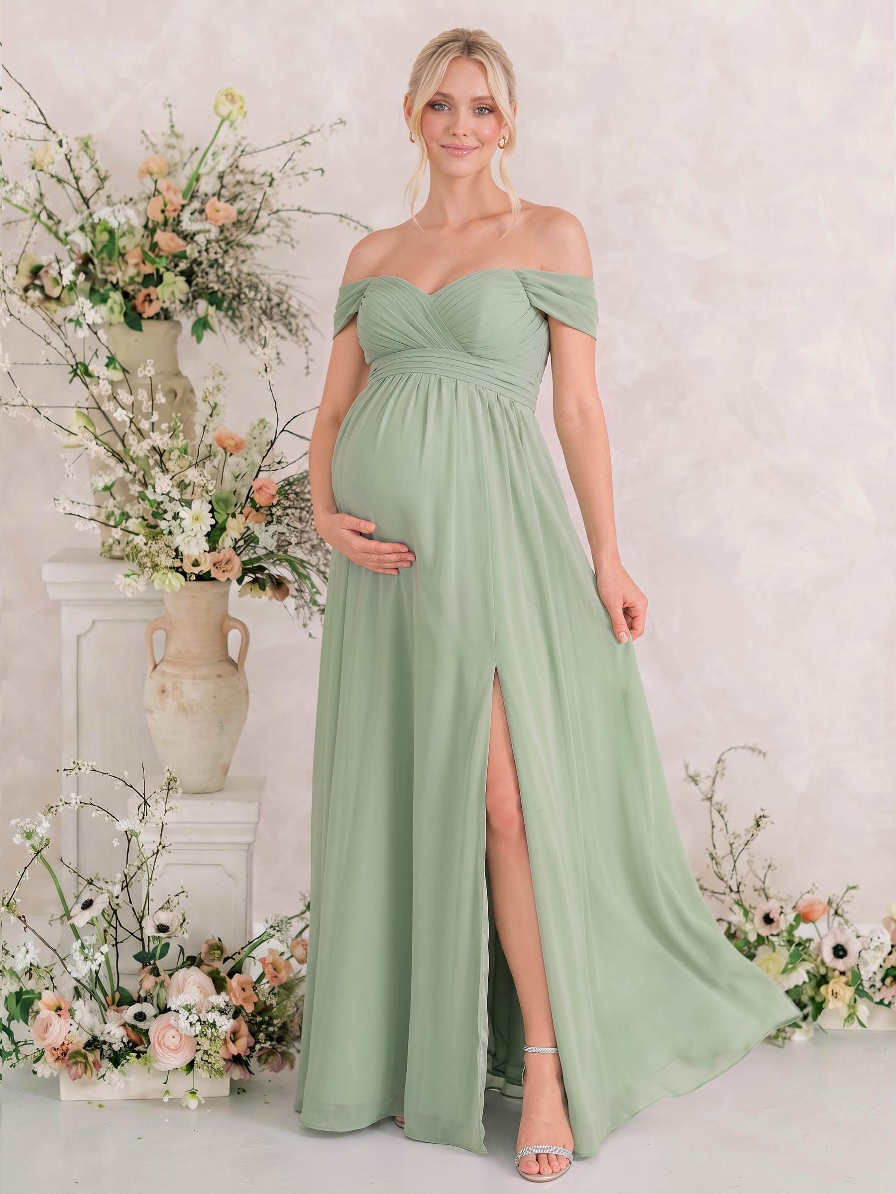 A-Line Sweetheart Sleeveless Floor-Length Chiffon Maternity Bridesmaid Dresses With Split Front/Pockets/Pleated
