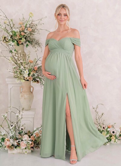 A-Line Sweetheart Sleeveless Floor-Length Chiffon Maternity Bridesmaid Dresses With Split Front/Pockets/Pleated