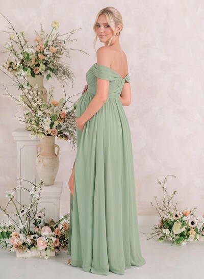 A-Line Sweetheart Sleeveless Floor-Length Chiffon Maternity Bridesmaid Dresses With Split Front/Pockets/Pleated