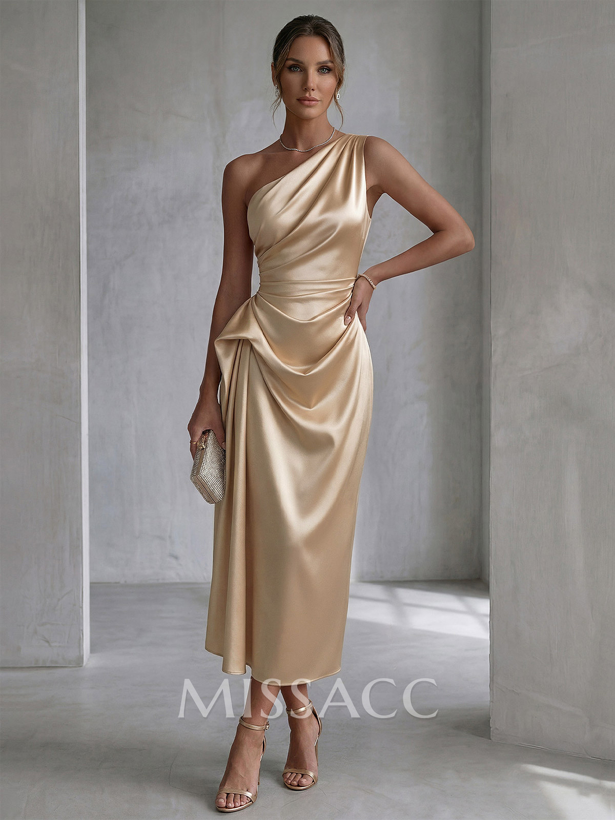 Sheath/Column One-Shoulder Sleeveless Ankle-Length Matte Satin Cocktail Dresses With Pleated