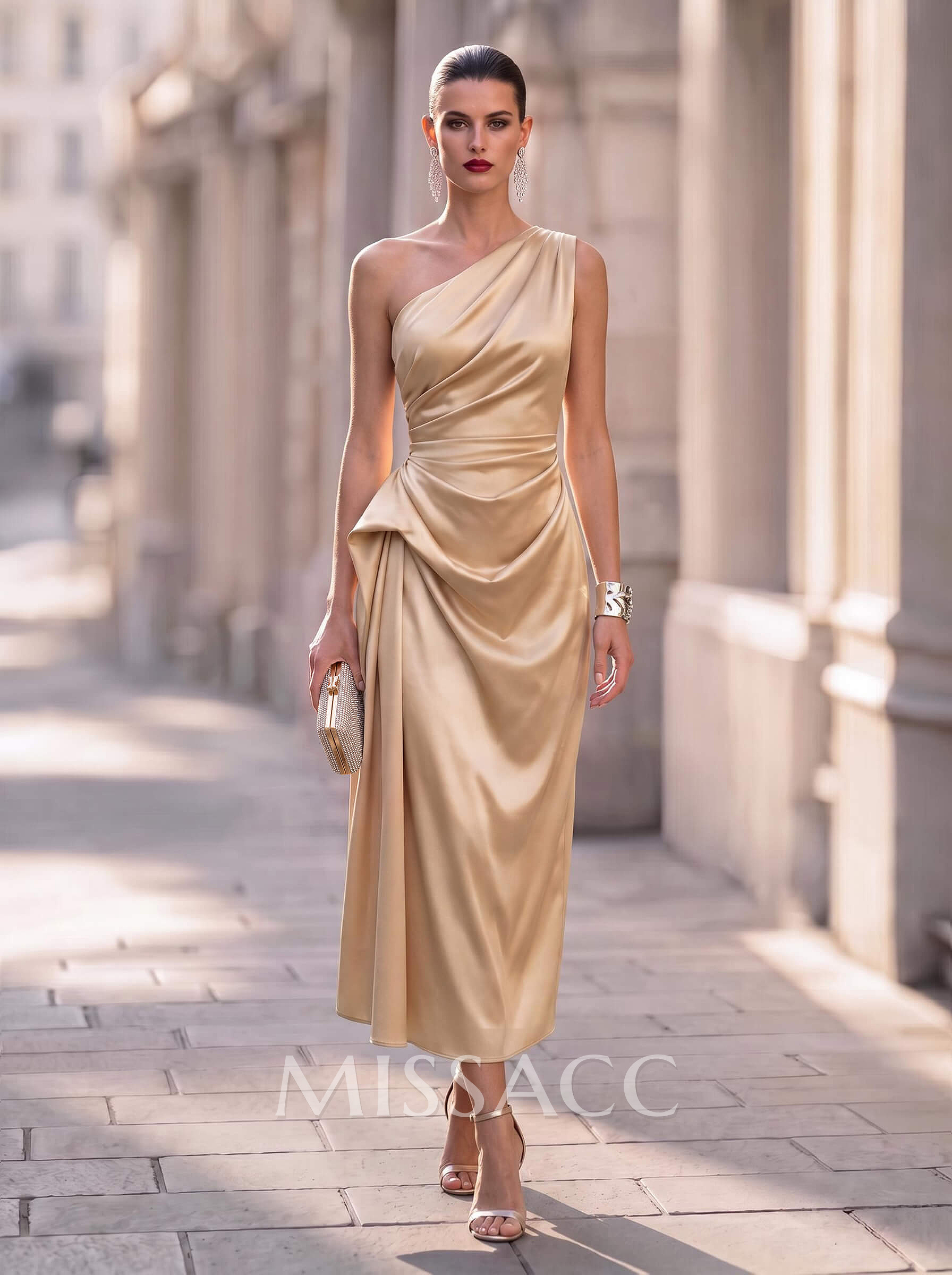 Sheath/Column One-Shoulder Sleeveless Ankle-Length Matte Satin Cocktail Dresses With Pleated