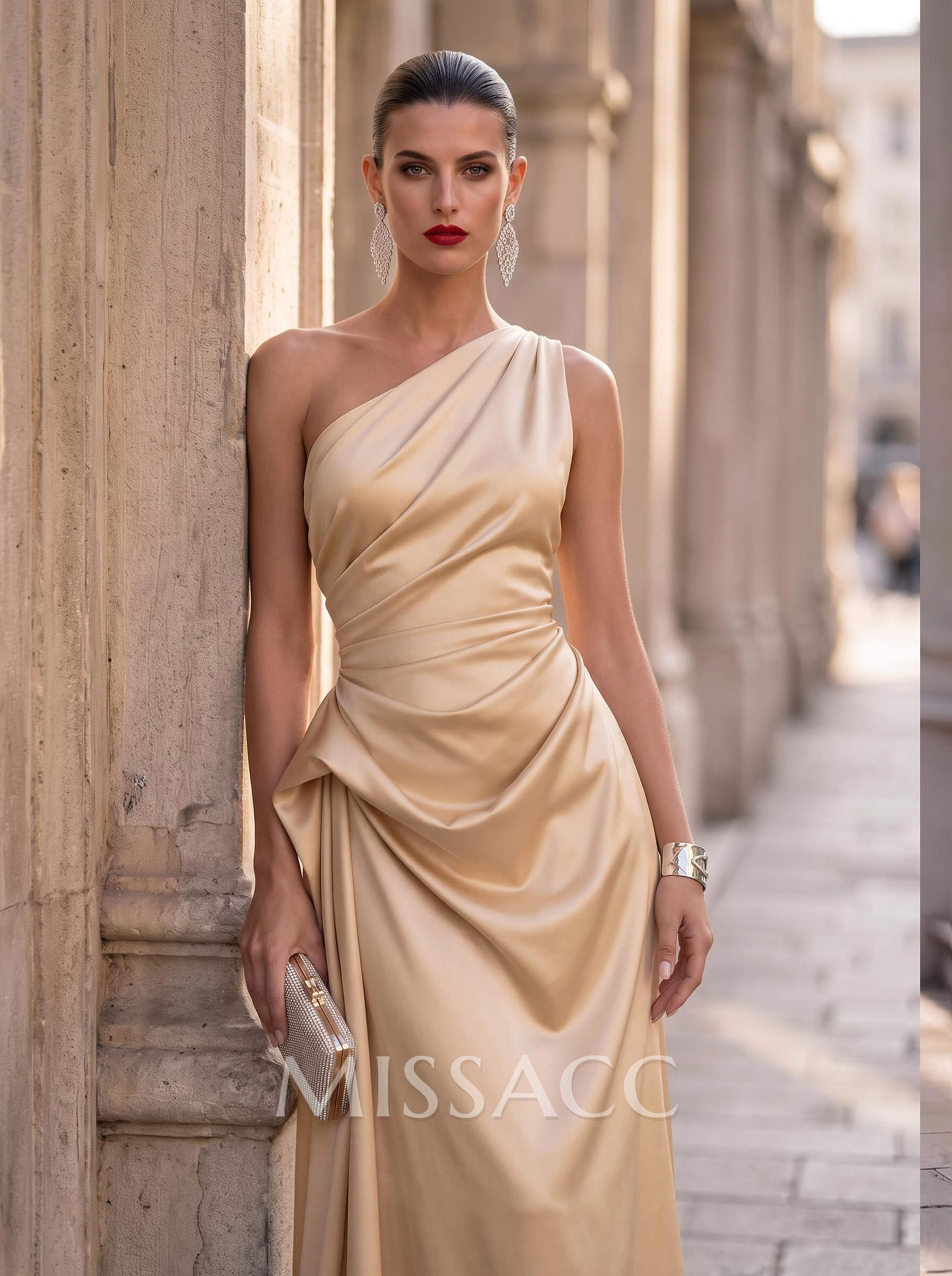 Sheath/Column One-Shoulder Sleeveless Ankle-Length Matte Satin Cocktail Dresses With Pleated