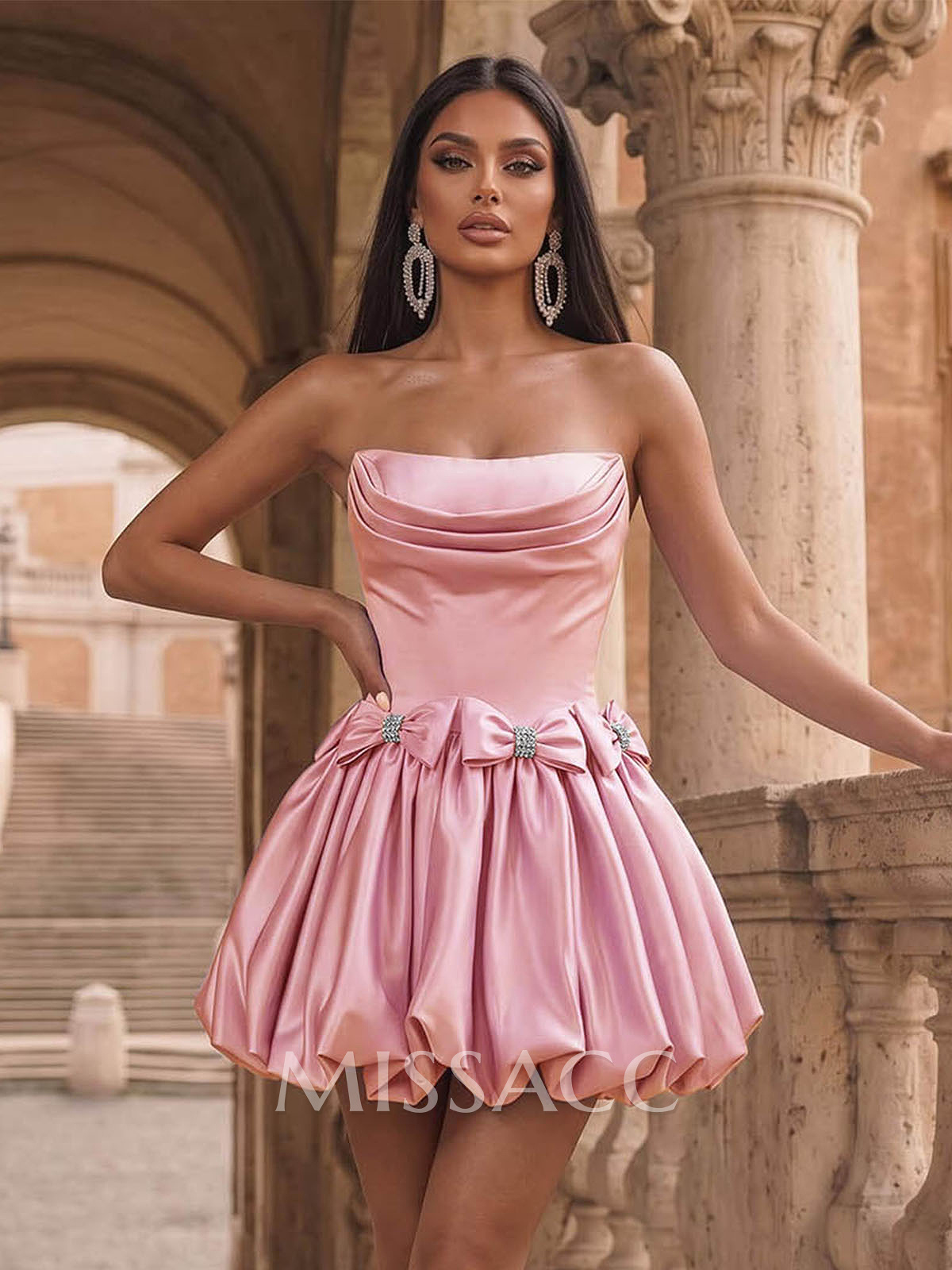 A-Line Strapless Sleeveless Short/Mini Matte Satin Cocktail Dresses With Bow/Bubble Hem