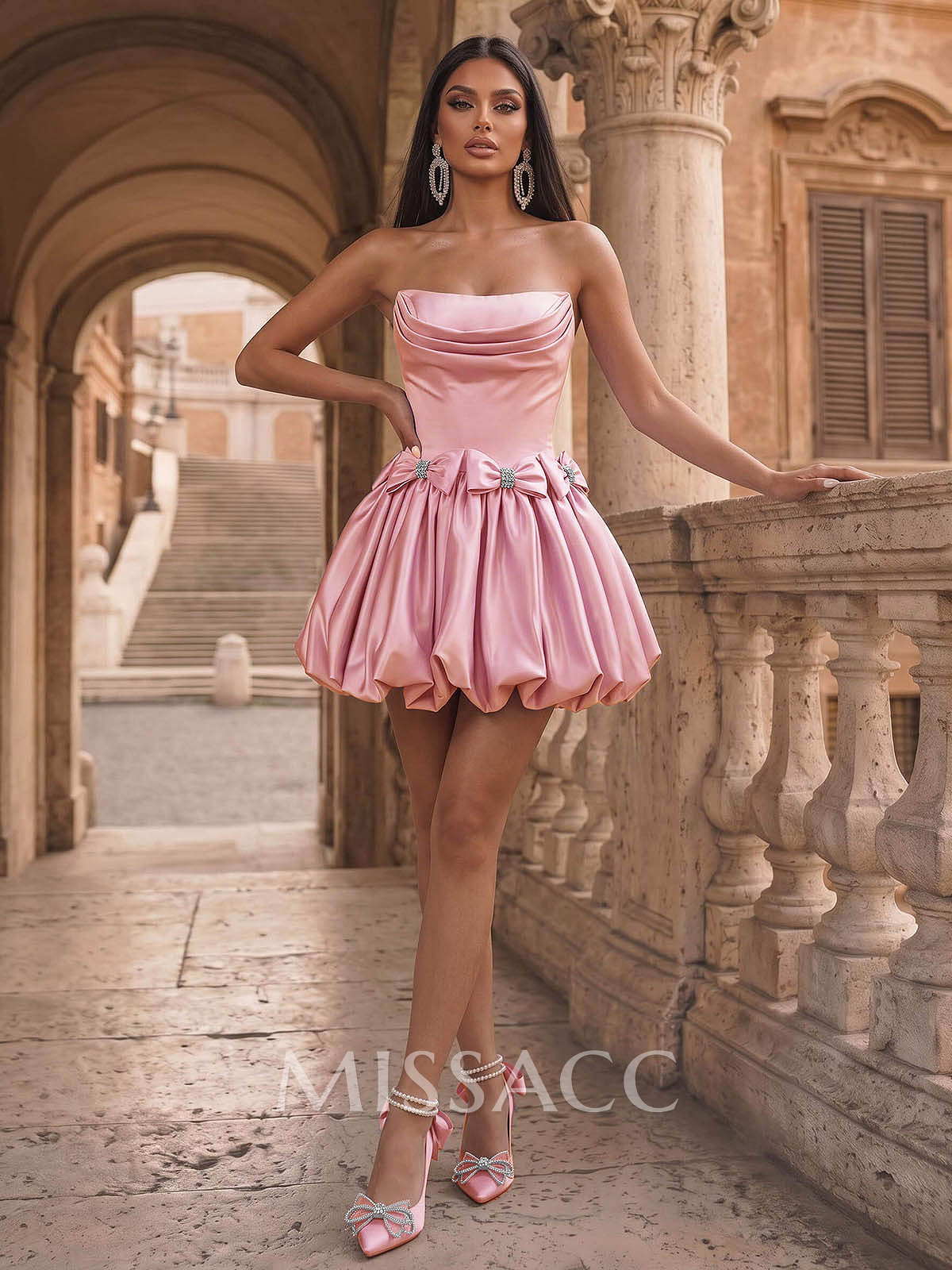 A-Line Strapless Sleeveless Short/Mini Matte Satin Cocktail Dresses With Bow/Bubble Hem