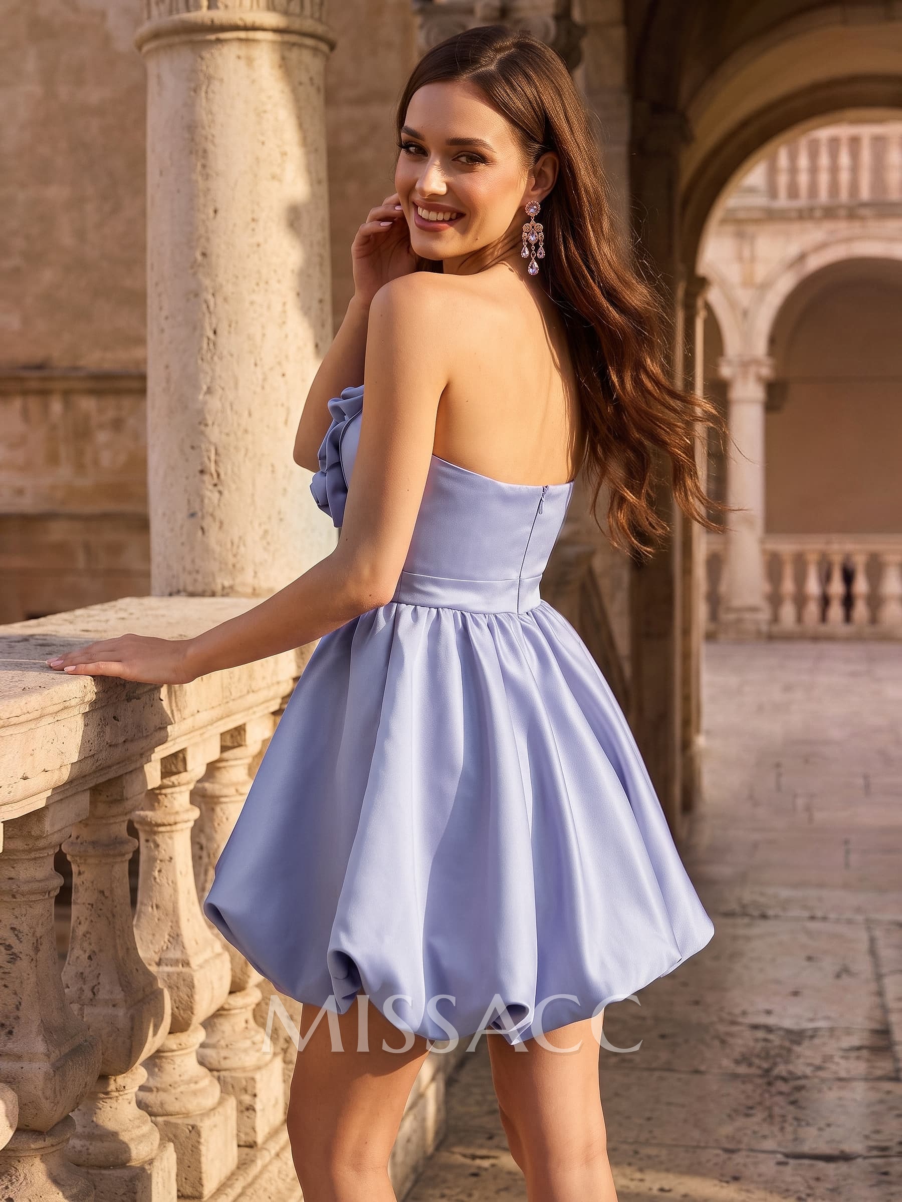 A-Line Strapless Sleeveless Short/Mini Satin Cocktail Dresses With Flower